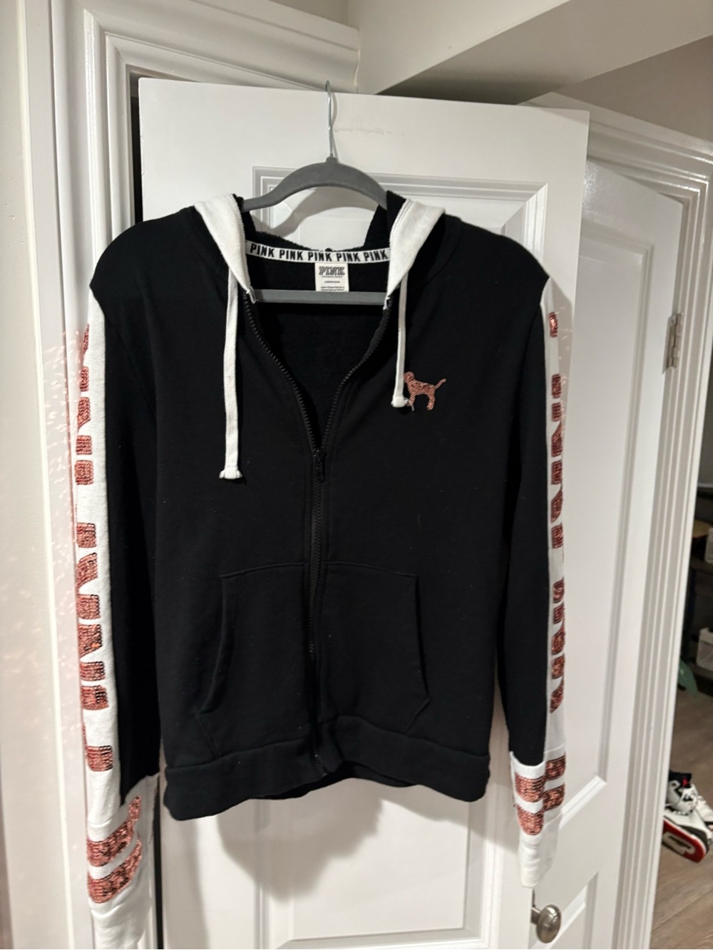 PINK Victoria's Secret Black Zip Hoodie with Pink Sequin Logo and Sleeve Stripes